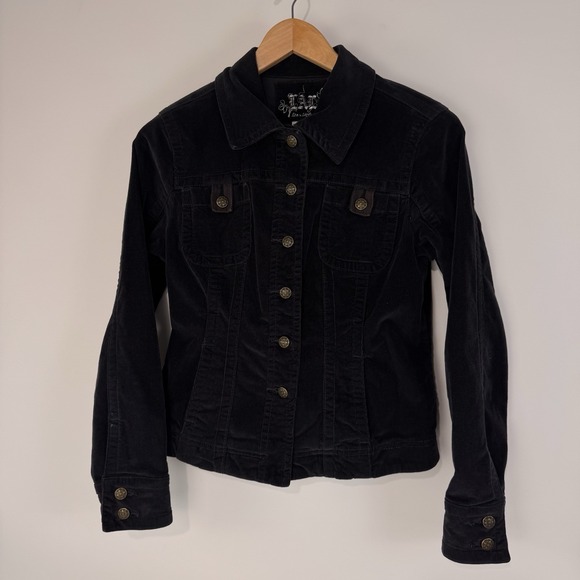 Y2K Live A Little Corduroy Jacket Women's Size Small Black Button Up Pockets - Picture 1 of 14